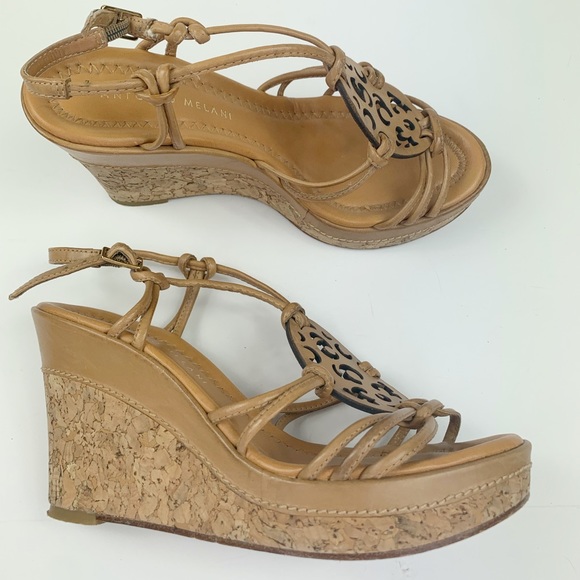 Antonio Melani Cork Wedge Sandals Tan Wooden Cut-Out - Picture 7 of 8